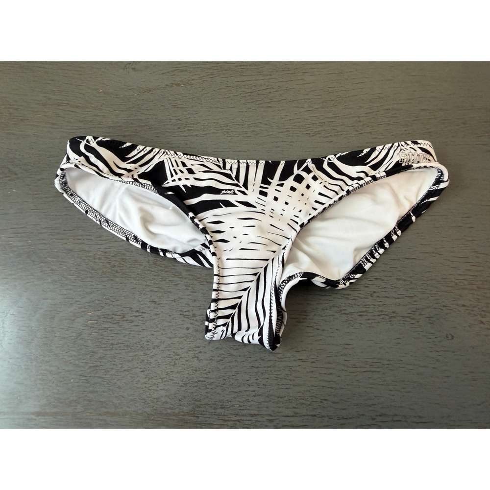 Victorias Secret PINK Sport Bikini Bottoms XS Black White Palm Ruched Cheeky